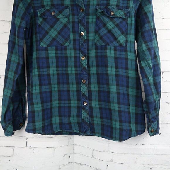 CHARLOTTE RUSSE BLUE & GREEN COTTON PLAID BUTTON DOWN LONG SLEEVE SHIRT SIZE S - Picture 5 of 9